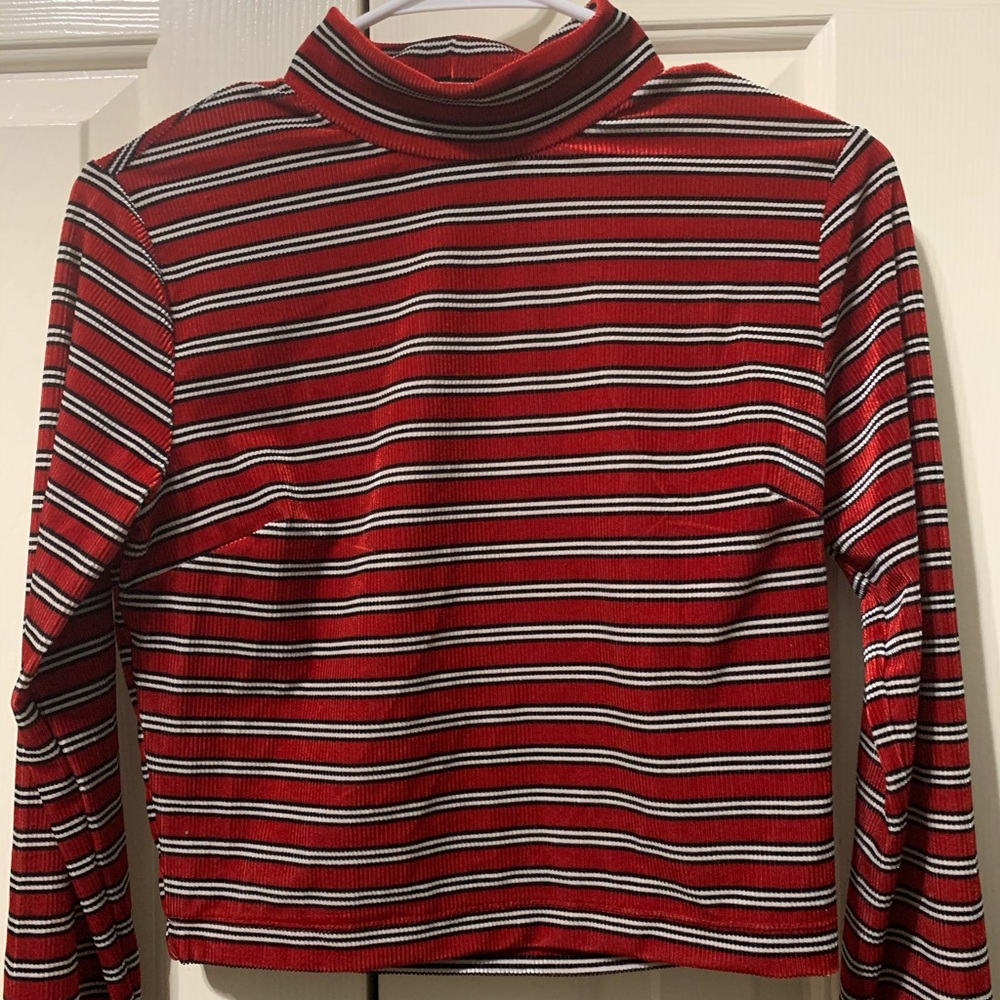 a velvet red striped turtleneck